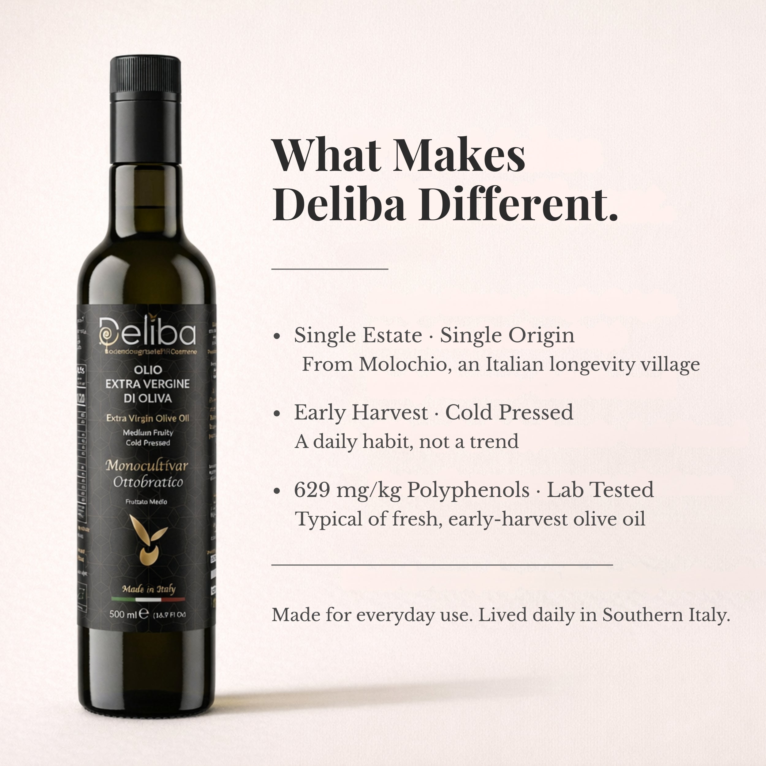 Deliba extra virgin olive oil bottle showing early harvest, cold extraction, and single-origin olives.