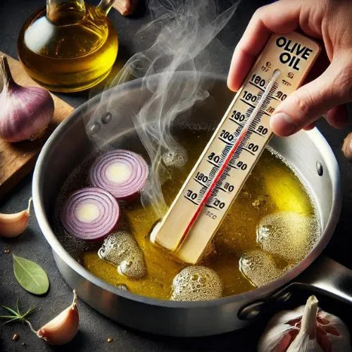 Extra virgin olive oil in a pan showing correct heat for sautéing — below the smoke point