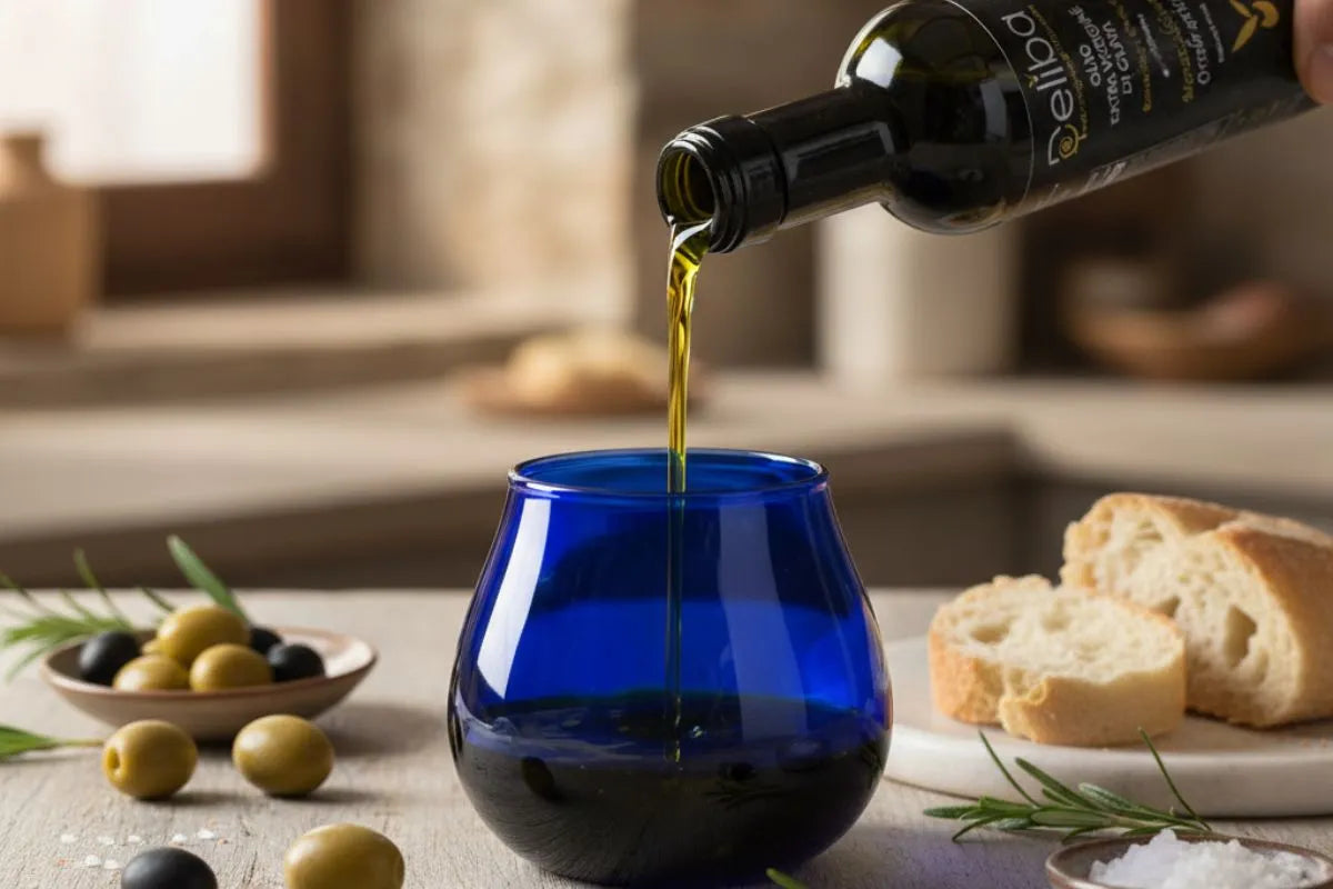 Pouring Deliba extra virgin olive oil — the moment of finishing a dish