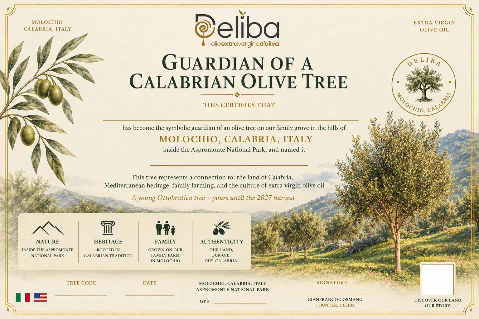 Actual Deliba Young Tree adoption certificate, with two blank lines for personalized names