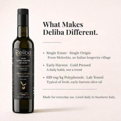 Deliba extra virgin olive oil bottle showing early harvest, cold extraction, and single-origin olives.
