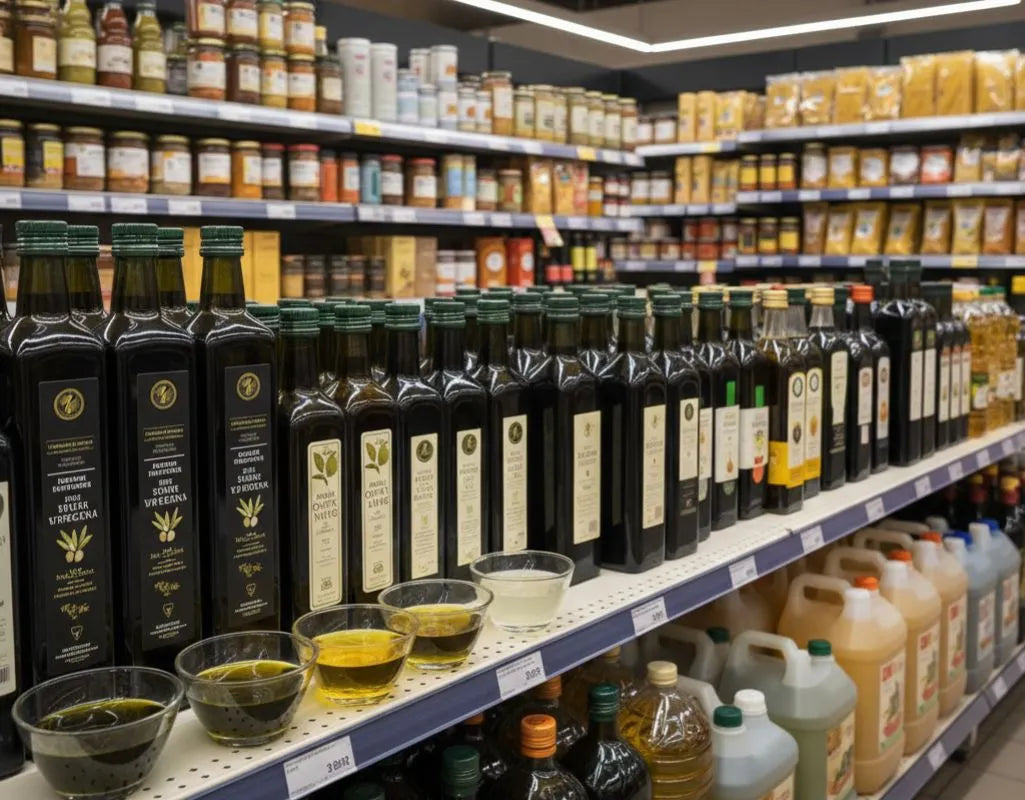 Different types of olive oil bottles side by side