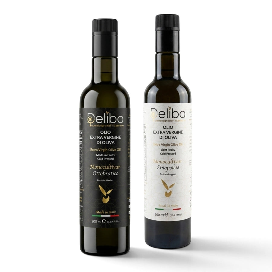 Deliba Ottobratico (black label) and Sinopolese (white label) extra virgin olive oil, 500 ml bottles