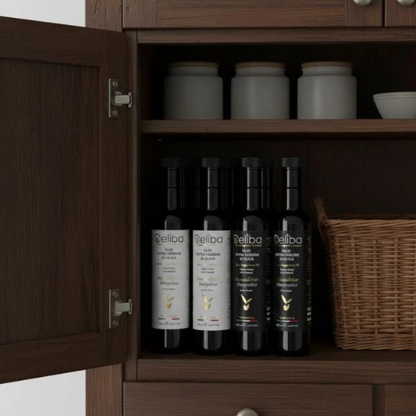 Extra virgin olive oil stored in a dark glass bottle in a cool cabinet