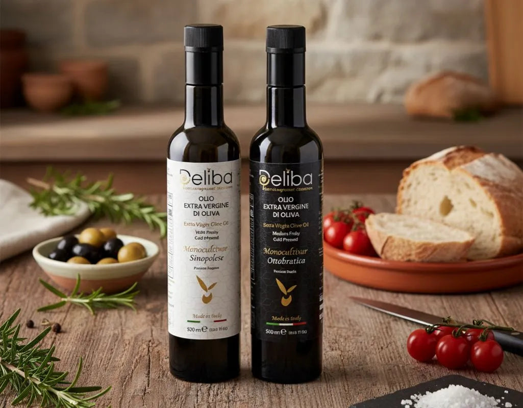 Deliba extra virgin olive oil bottles on wooden table