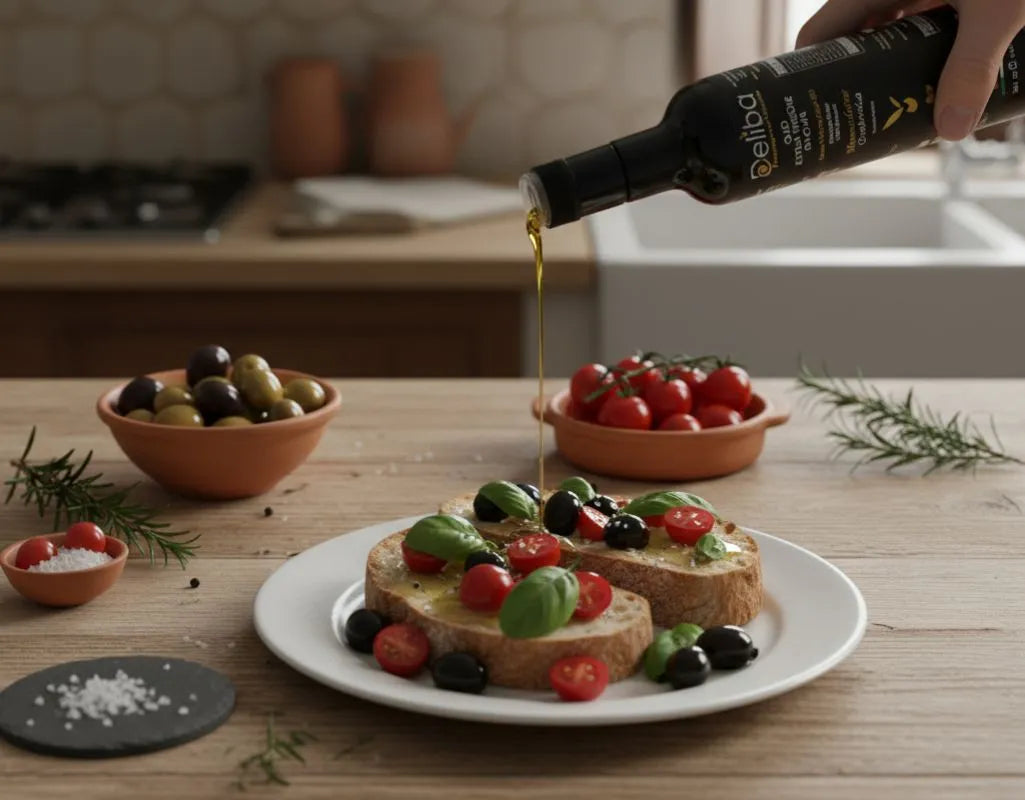Pouring extra virgin olive oil on fresh Mediterranean food