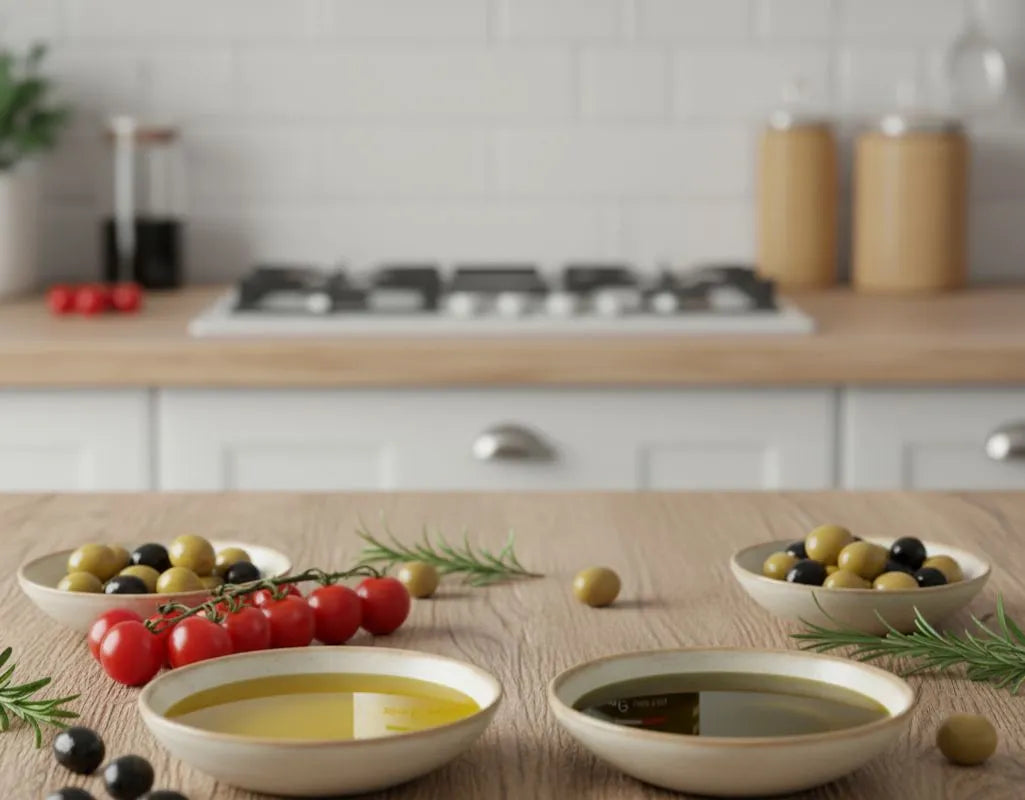 Virgin and extra virgin olive oil bottles side by side