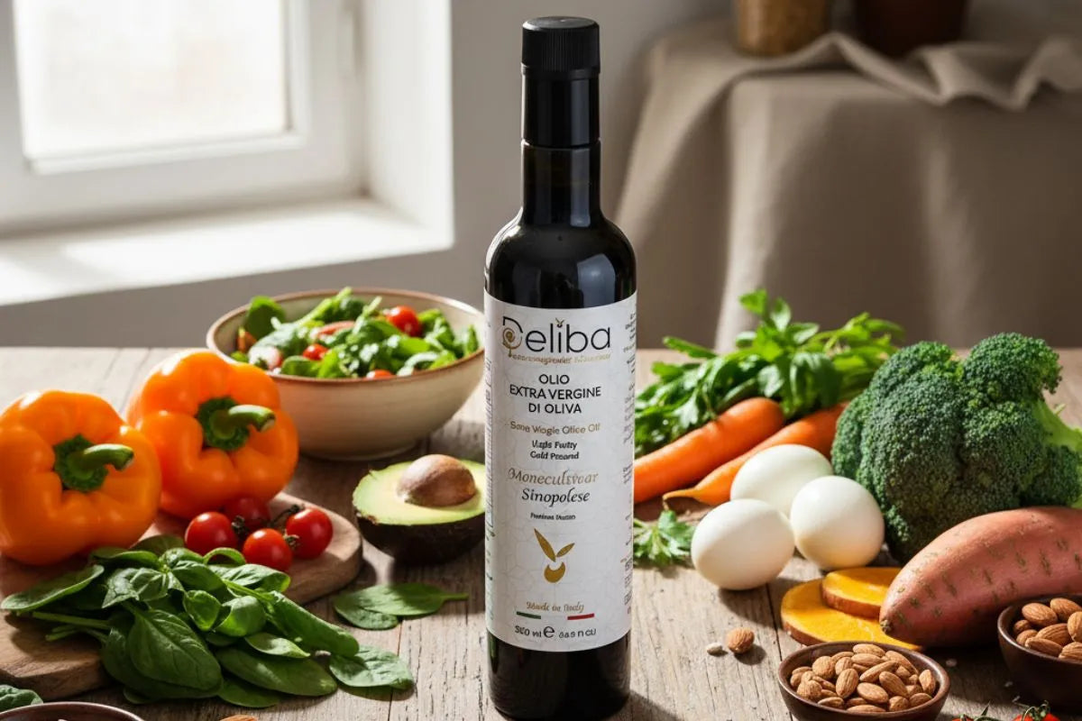 Vitamin-rich foods with a bottle of Deliba extra virgin olive oil