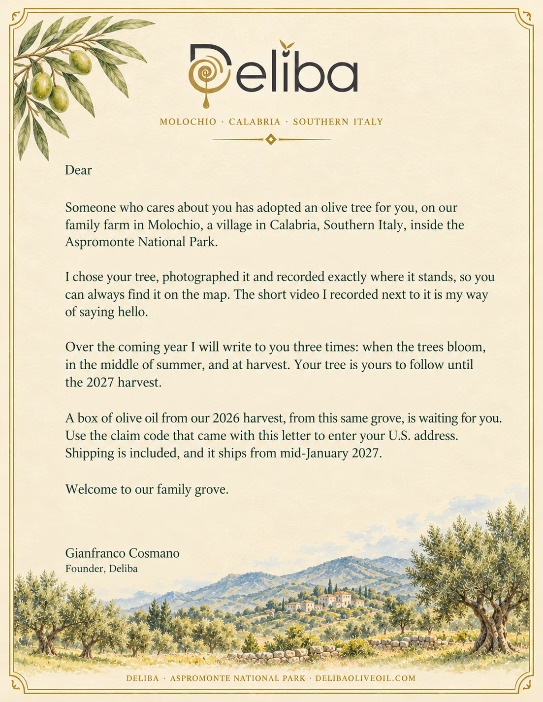 Example welcome letter written by Gianfranco