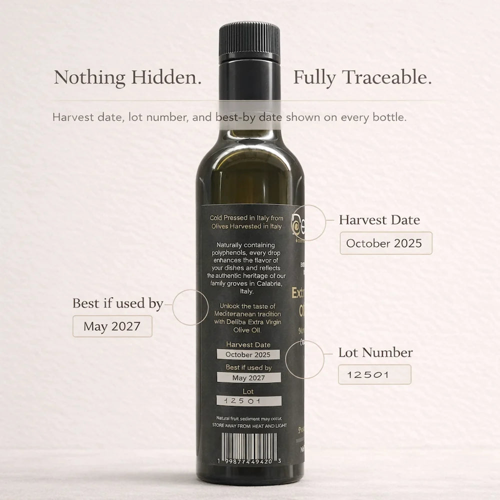 Back label of Deliba bottle showing harvest date, lot number, and best-by date for full traceability.