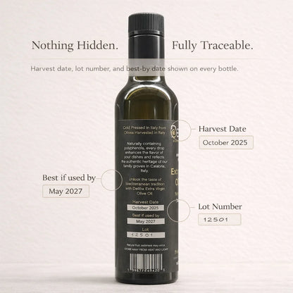 Back label of Deliba bottle showing harvest date, lot number, and best-by date for full traceability.