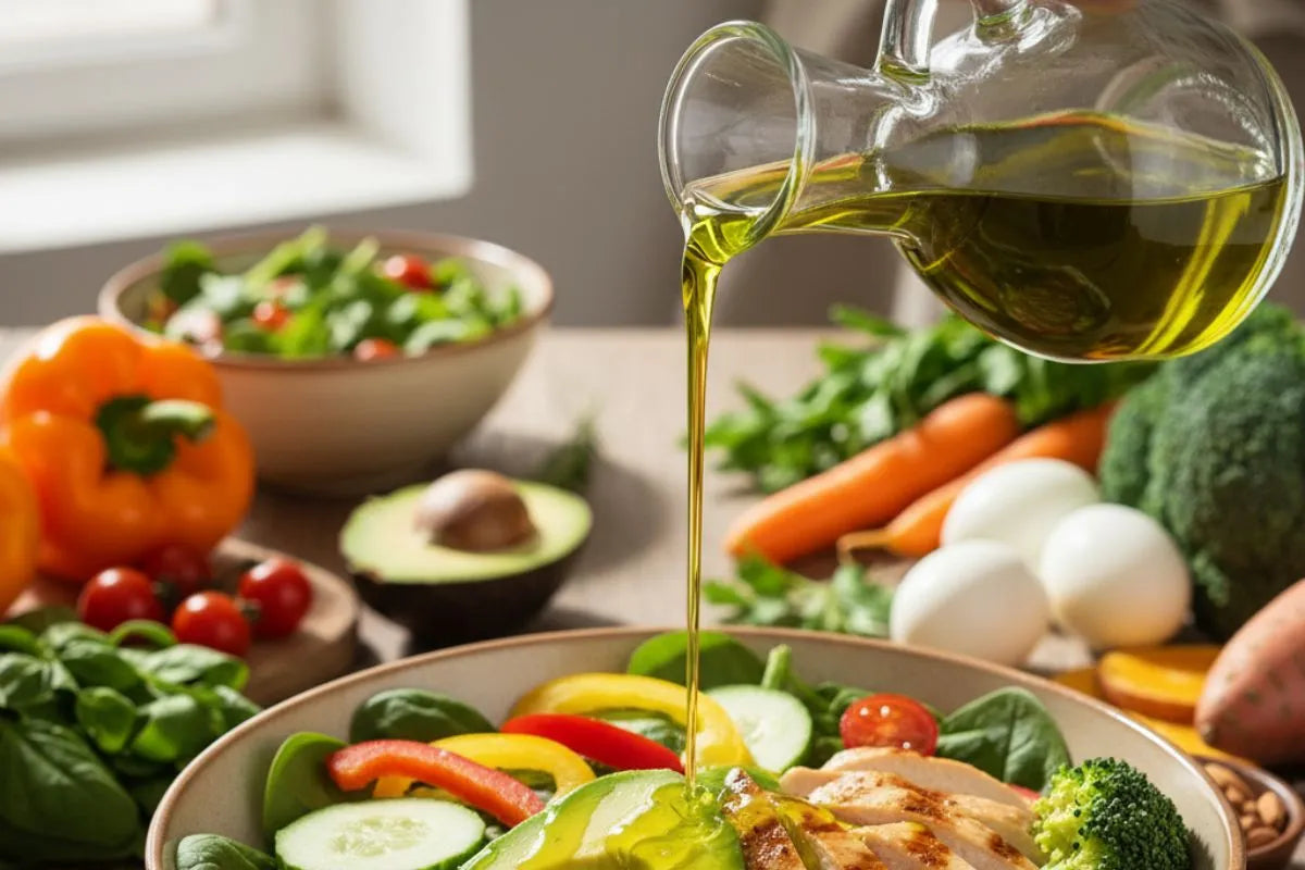 Pouring olive oil on healthy Mediterranean food